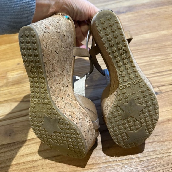 Jimmy Choo Women’s Pilar T-strap Leather Cork Wedge Tan Leather Platform - Picture 6 of 13